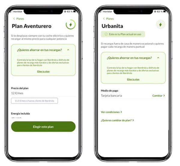 Iberdrola ofrece dos planes mensuales, que permiten recargar un cantidad de energía al mes en cargadores de cualquier potencia a precio único