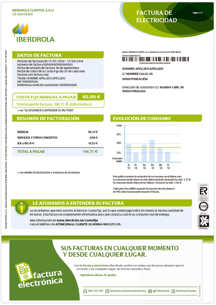 Anverso de factura de electricidad