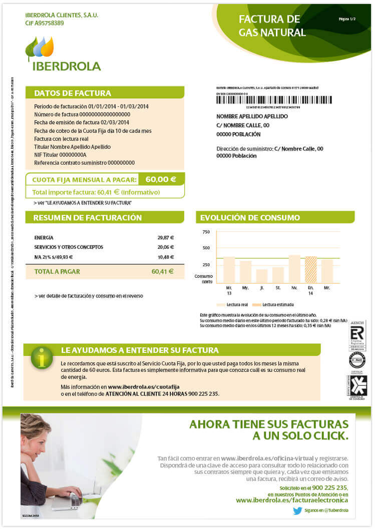 Reverso de factura de gas natural