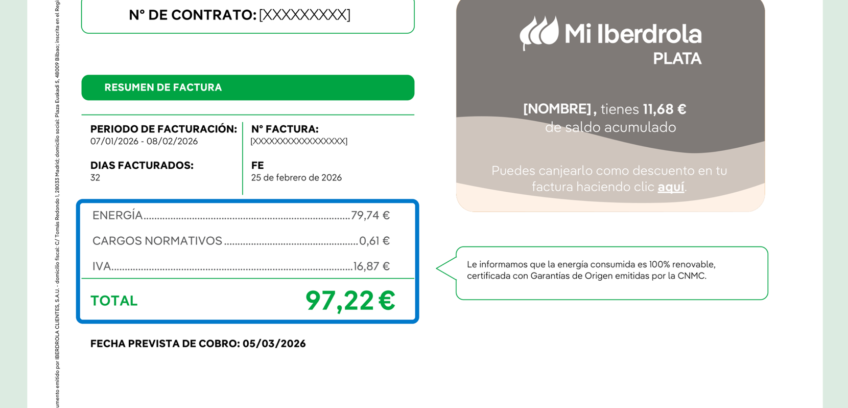 Model of the first page of an Iberdrola bill indicating Total amount and breakdown, divided into Energy, Regulatory Charges, VAT and Total within the bill summary section
