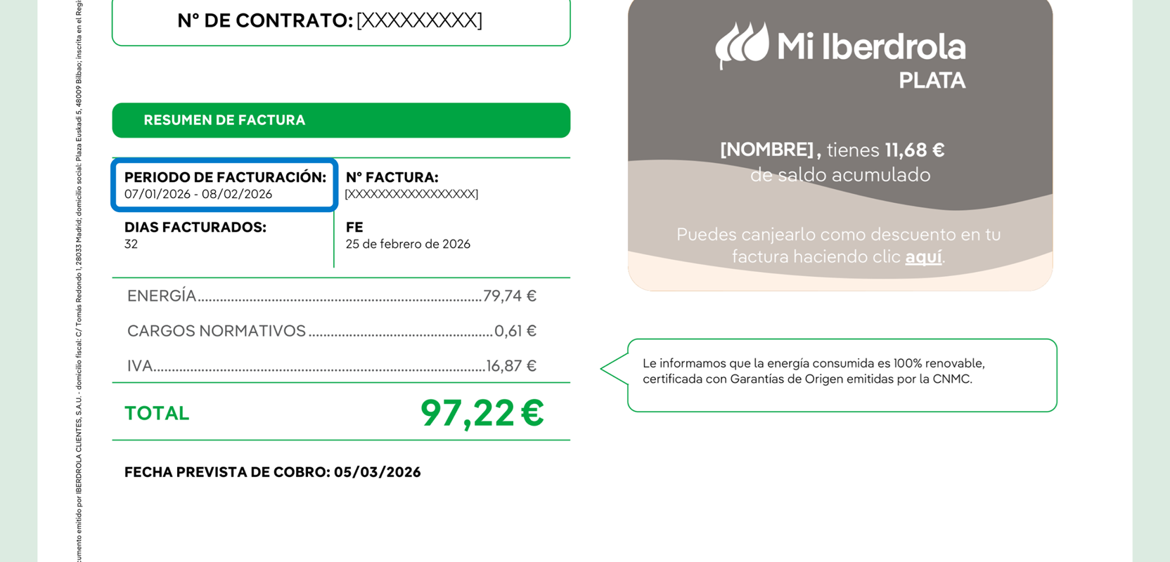 Model of the first page of an Iberdrola bill indicating the billing period (07/01/2026 - 08/02/2026) within the bill summary section