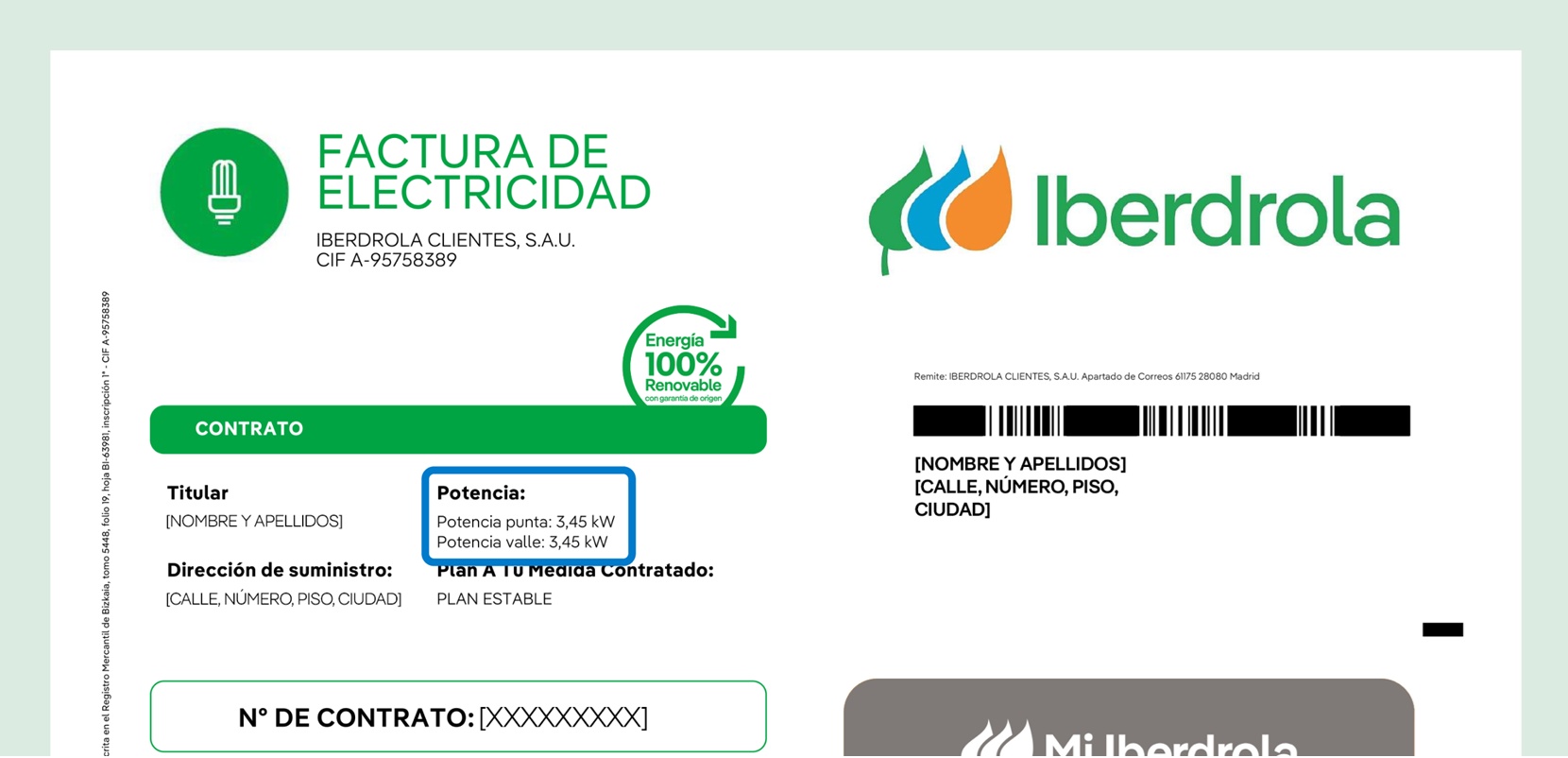 Model of the first page of an Iberdrola bill indicating the Contracted power divided into peak and off-peak power within the contract summary section
