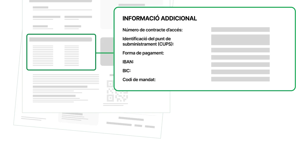 Il&middot;lustraci&oacute; esquem&aacute;tica d'una factura que destaca la ubicaci&oacute; del codi CUPS del contracte.