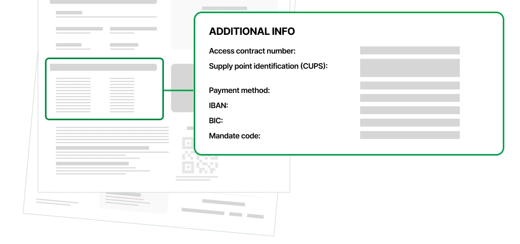 Schematic illustration of an invoice highlighting the location of the CUPS code of the contract.