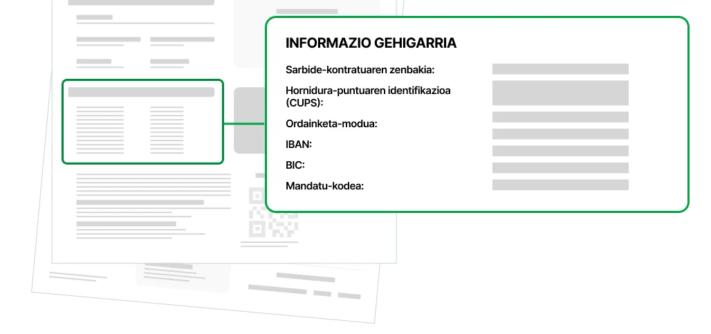 Faktura baten irudi eskematikoa, kontratuaren CUPS kodearen kokapena nabarmenduta.